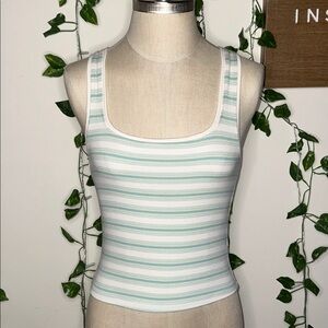 American Eagle Green Blue & White Striped Square Neck Tank Top